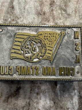Vintage Metal Stamp Plaque with American Flag Motif - Gold and Silver